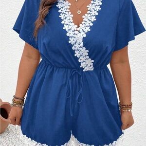 Blue Floral Trim Jumpsuit